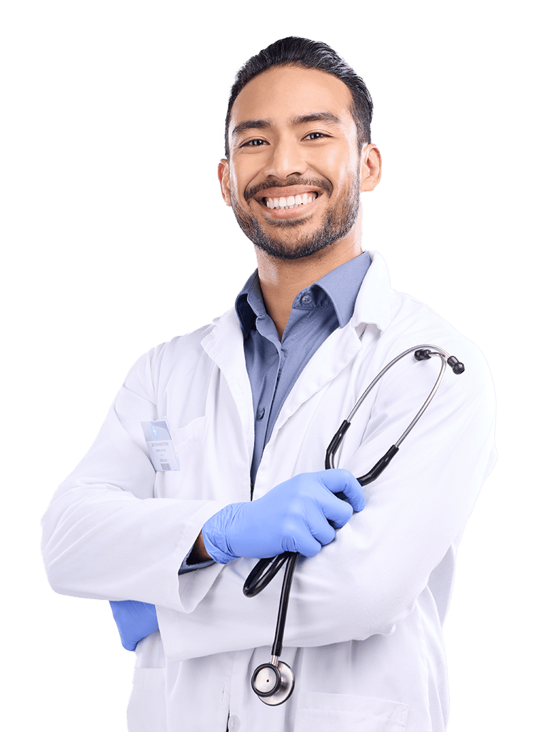 A smiling male doctor wearing a stethoscope around his neck, conveying a sense of care and professionalism.