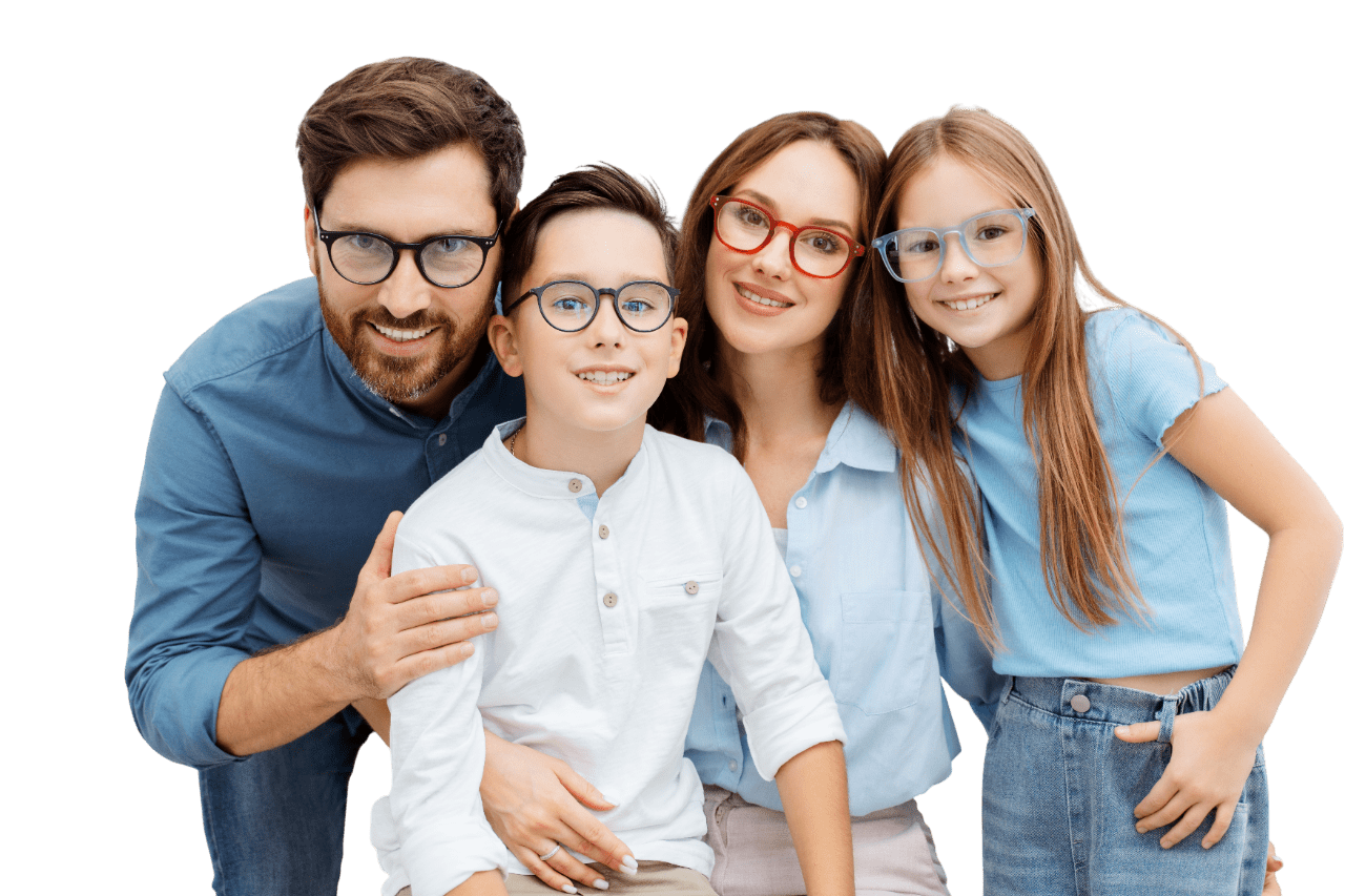 A smiling family of four, each wearing glasses, pose together. The father wears a blue shirt, the mother and daughter wear light blue, while the son wears white.