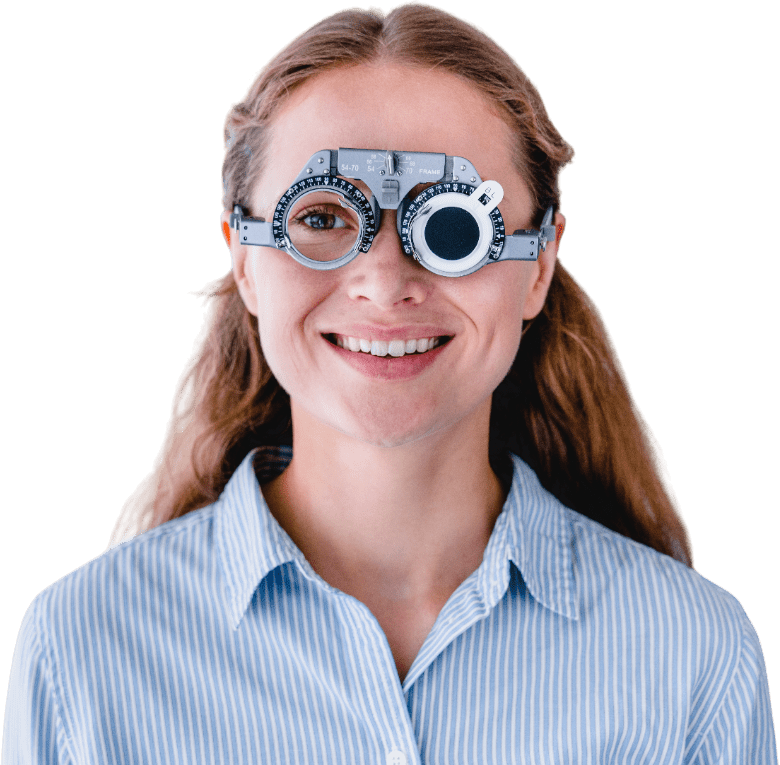 woman is wearing an eye exam device, focusing on her vision test in a clinical setting.